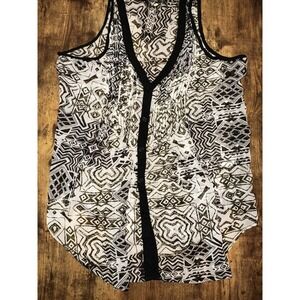 Devoted Geometric Tribal Print Sleeveless Button-Down Blouse